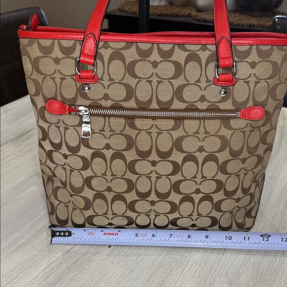 Coach Brown and Red Signature Shoulder Tote Bag-EUC